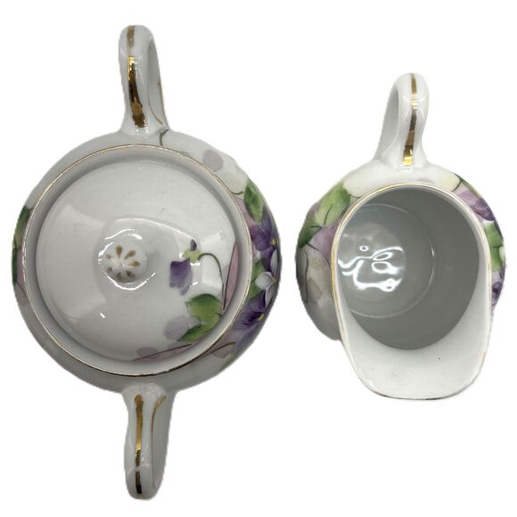 Meito China Creamer & Sugar Bowl w/ Lid Hand Painted Violet Floral Gold Trimmed - Picture 6 of 15